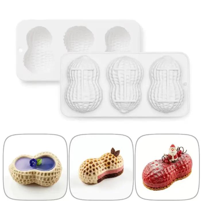 Moule en silicone multi-usage 3 cavités en forme d'arachide pour mousses, gâteaux et pâtisseries
