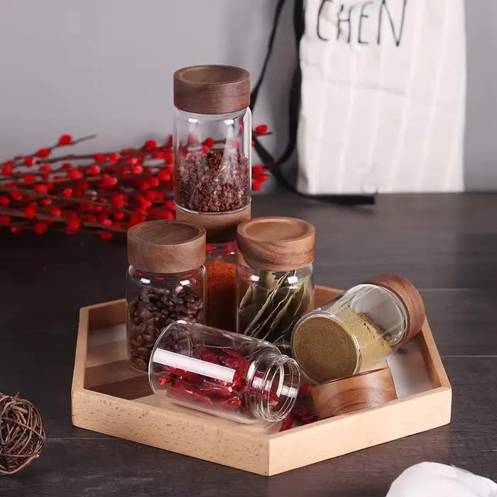 Bocaux en verre pour aliments avec couvercles hermétiques à vis en bois d'acacia