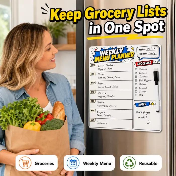 Autocollant de planification de menu hebdomadaire effaçable à sec pour réfrigérateur, avec 1 marqueur effaçable, tableau de planification des repas réutilisable pour la cuisine