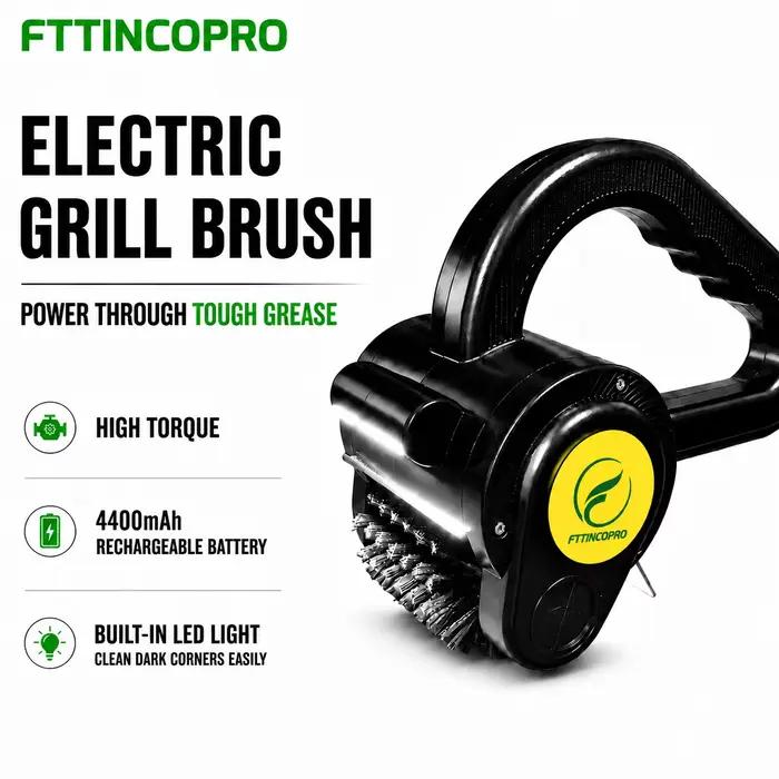 Brosse de nettoyage électrique FTTINCOPRO pour barbecue avec lumière LED, autonomie de 150 minutes, pour nettoyer les barbecues, les fumeurs et les équipements de cuisson en extérieur