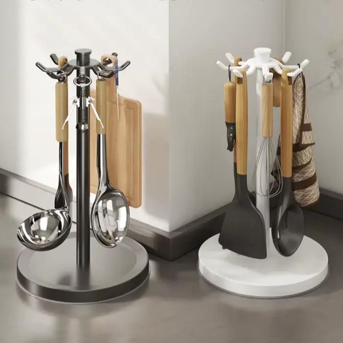 Support pour ustensiles de cuisine rotatif aluminium avec 8 crochets pour organisation du comptoir et ustensiles de cuisine multiples occasions