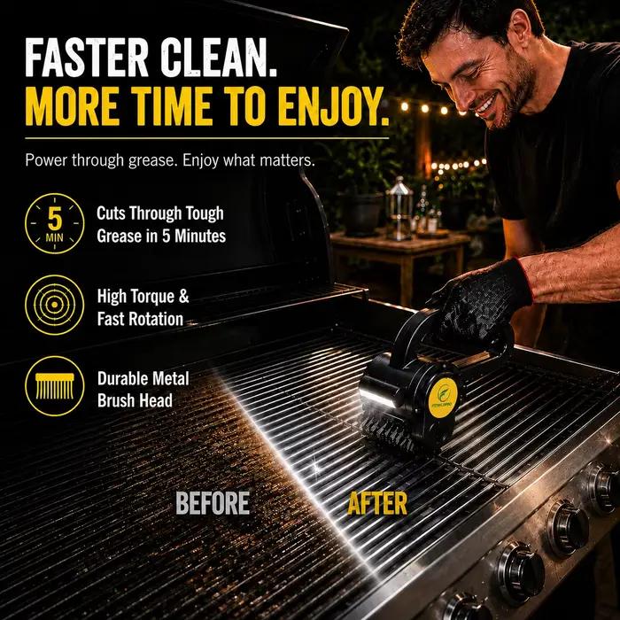 Brosse de nettoyage électrique FTTINCOPRO pour barbecue avec lumière LED, autonomie de 150 minutes, pour nettoyer les barbecues, les fumeurs et les équipements de cuisson en extérieur