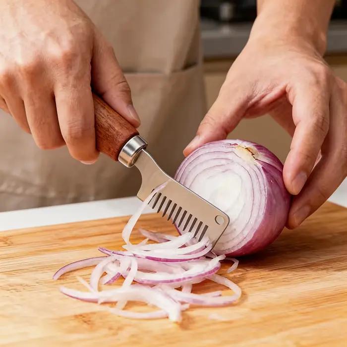 Un hachoir à manche en bois pour couper les oignons verts, un outil efficace pour hacher uniformément les herbes et l'ail, parfait pour la préparation à domicile.