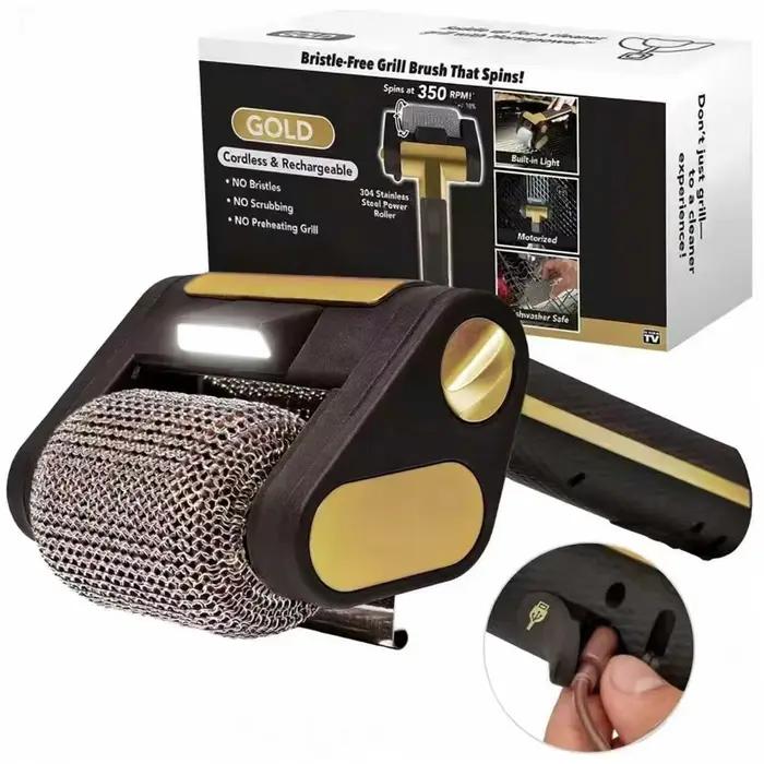 Brosse de nettoyage électrique rechargeable 2026 avec lumière LED, têtes remplaçables en acier inoxydable 304, pour barbecue