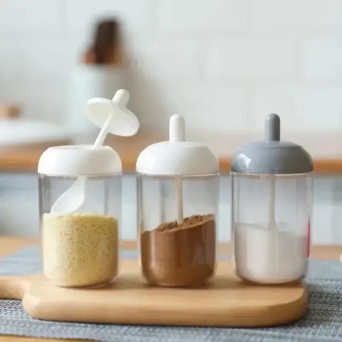 Pot à épices rond avec couvercle, cuillère, bouteille d'assaisonnement, boîte à condiments, boîte scellée, organisateur de cuisine