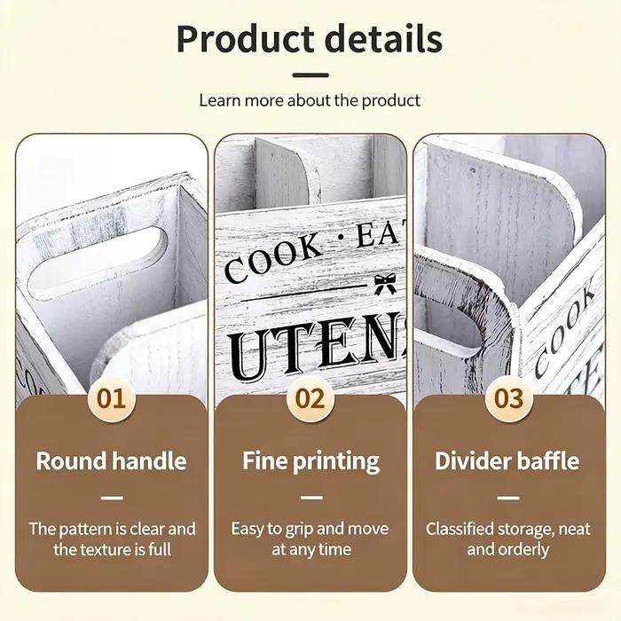 Porte-ustensiles de cuisine en bois rustique - Organisateur à 3 compartiments pour comptoir et mur