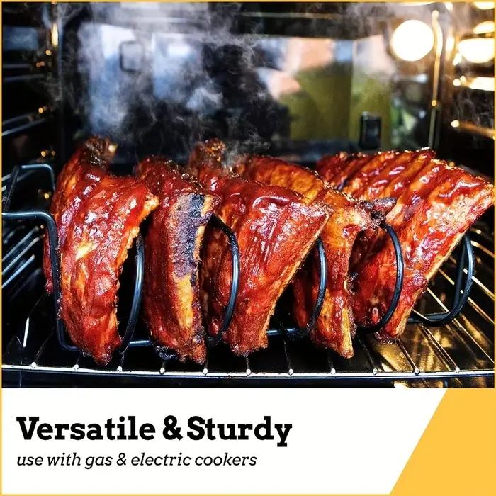 Support à côtes en acier inoxydable pour barbecue, outil de cuisson portable pour barbecue en plein air et fumeurs, peut contenir 4 grilles complètes de côtes.