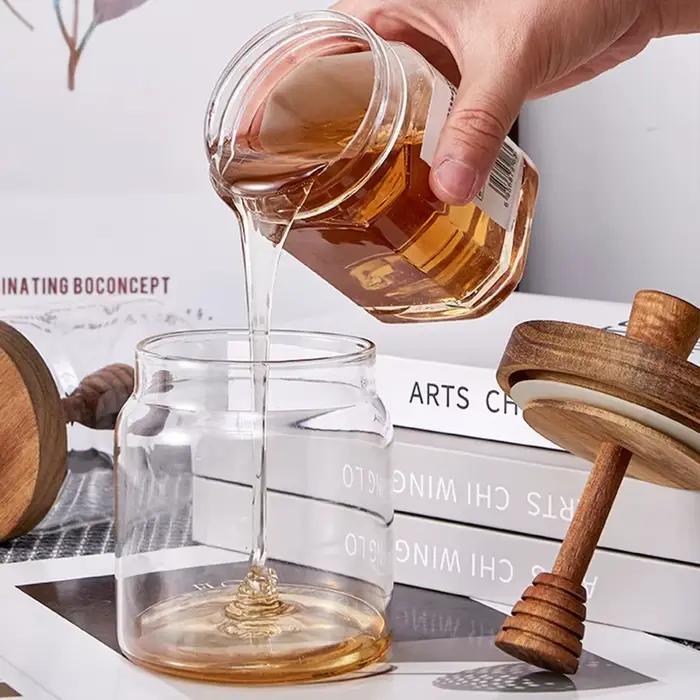 Pot à miel en verre borosilicate avec couvercle en bois massif et bâtonnet mélangeur pour confitures et aliments occasions spéciales