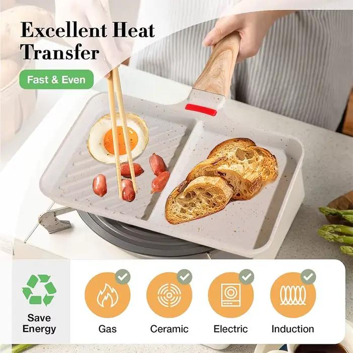 Poêle à omelette polyvalente à 2 sections, antiadhésive, avec compartiments pour œufs, poêle carrée pour grillades, plaque à frire pour steaks, pour cuisinières