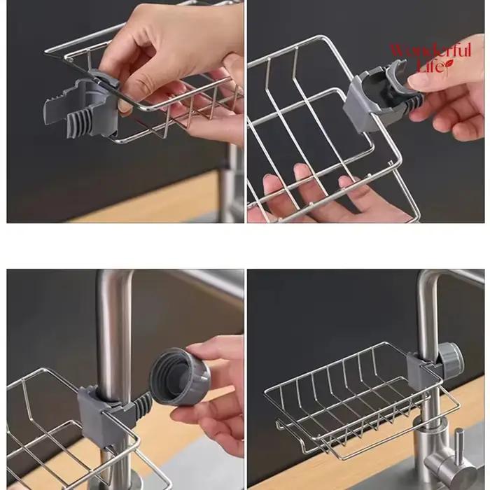 Égouttoir d'évier de cuisine en acier inoxydable, support de robinet de rangement, égouttoir à savon, porte-serviettes, organisateur d'étagère, accessoires de cuisine