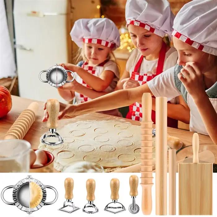 FLYY-9-Pc Kit d'outils de fabrication de pâtes-avec planche à Gnocchi, coupe-pâtes, tampon de raviolis et jeu de broches à rouleau filetées en bois
