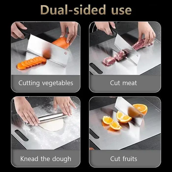 Planche à découper en acier inoxydable de qualité alimentaire double face pour cuisine et découpage facile à entretenir pour usage quotidien et événements