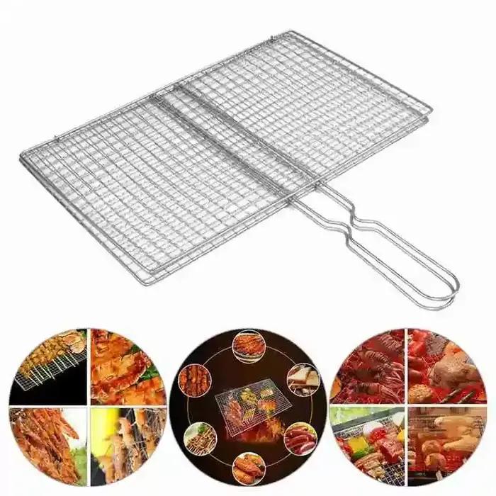 Accessoires de barbecue en plein air, filet de gril en acier pour viande, bacon, poisson, panier à grillades antiadhésif avec poignée en métal