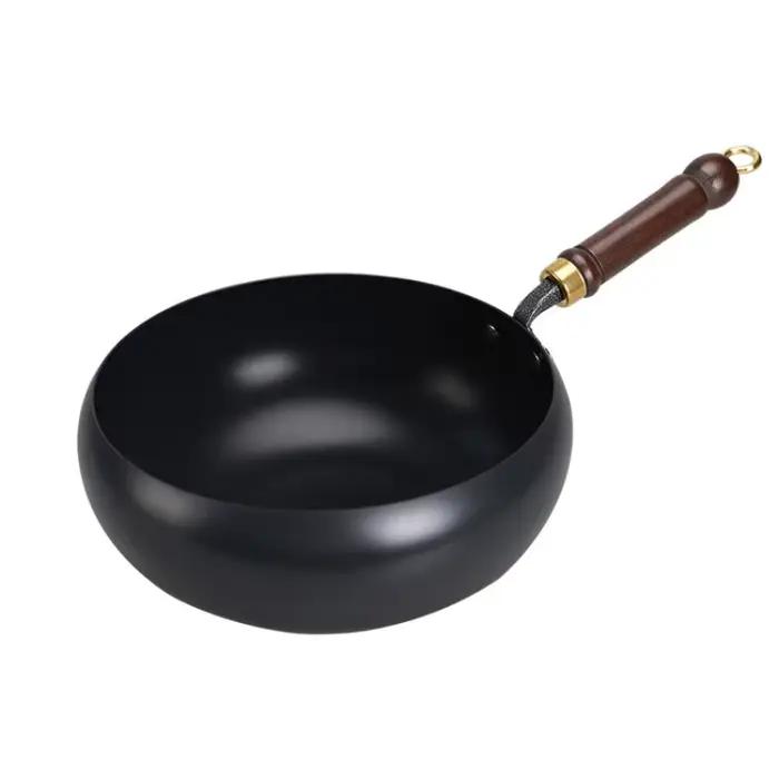 2026 Marmite à fond bombé en fer, petite, de fabrication artisanale, à fond plat, sans revêtement, antiadhésive, pour friture profonde domestique, méthode ancienne