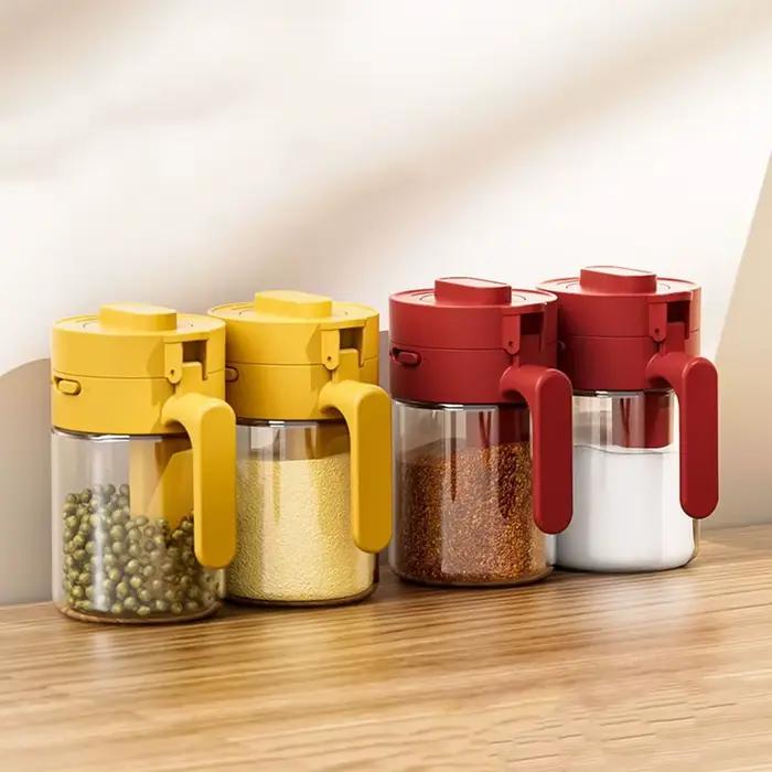Récipient à sel scellé 2 en 1, conception de verrouillage résistante à l'humidité, bouteille à épices en verre, cuillère séparée, bouteille de tri des épices anti-poussière