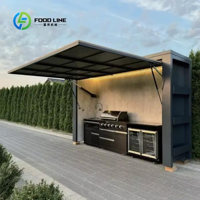 Cuisine extérieure moderne haut de gamme personnalisée, barbecue à gaz 5 brûleurs, évier en acier inoxydable 304, unité de restauration luxueuse pour fêtes de famille