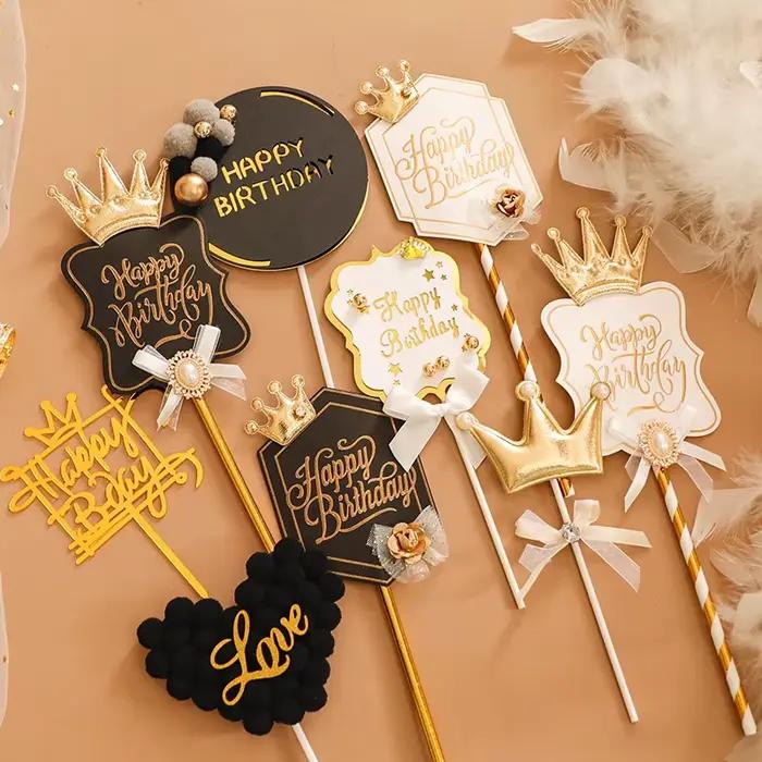 Décoration de gâteau Joyeux Anniversaire style Couronne Royale Noir et Blanc pour Fête
