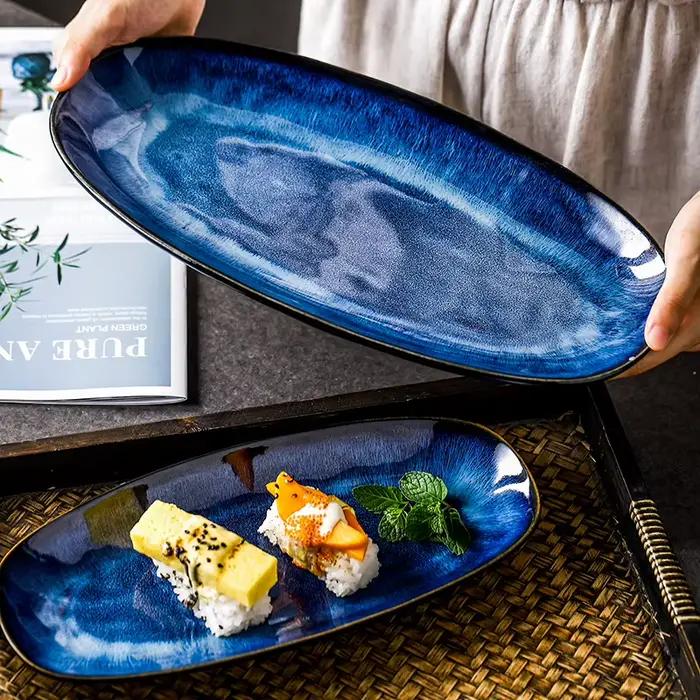 KINGLANG-Assiette Longue Bleue Glacée au Four Japonais, Poisson à la Vapeur Domestique, Grand pio à Sushi Créatif