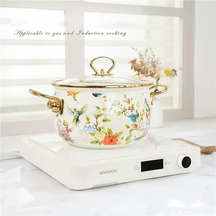 Pot à soupe en émail, ustensiles de cuisine délicats, fleur rétro, Double poignée, marmite à ragoût de grande capacité avec couvercle, ustensiles de cuisine en émail pour la maison