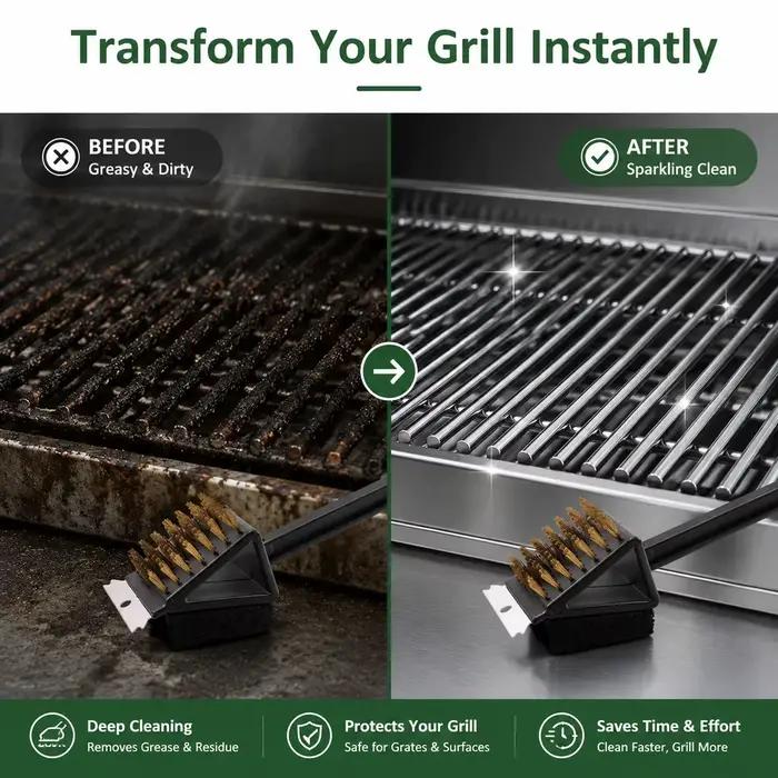 Brosse de nettoyage 3-en-1 pour barbecue avec grattoir et tampon de nettoyage, poils en cuivre, manche long, pour grilles à gaz et charbon de bois