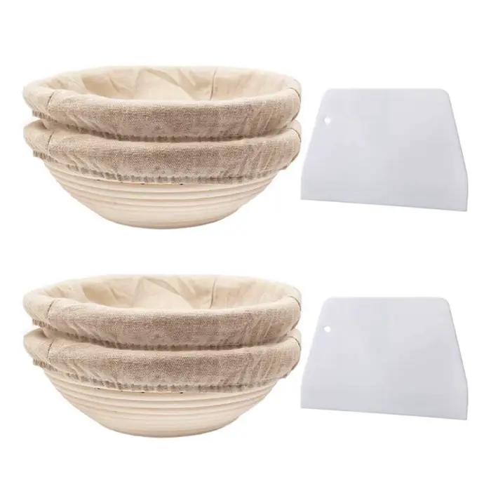 ABUN-ensemble rond, 4 paniers à levure pour pain et pâte à pain, panier d'épreuve Banneton avec Inserts en lin, ensemble de grattoir à pâte rond