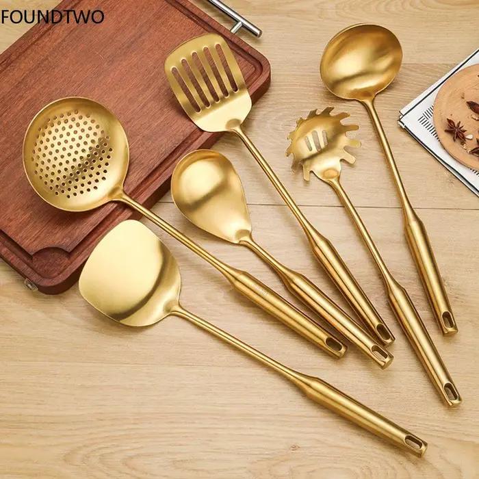 Spatule en acier inoxydable doré, grande louche à soupe, ustensiles de cuisine, ensemble de truelle de cuisson, ensemble d'outils de cuisine F2