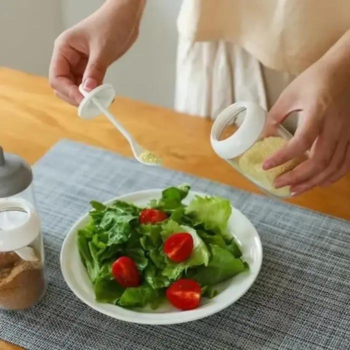 Pot à épices rond avec couvercle, cuillère, bouteille d'assaisonnement, boîte à condiments, boîte scellée, organisateur de cuisine