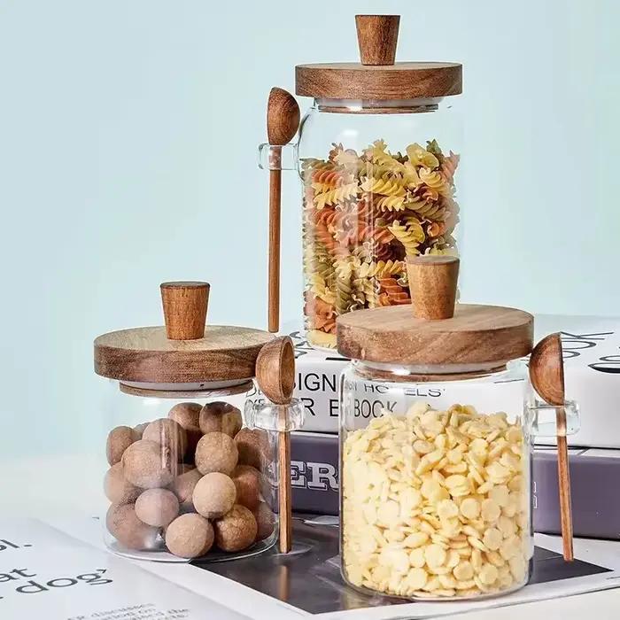 Pot scellé en verre, boîte de stockage de café et de thé à cinq grains avec cuillère en bois