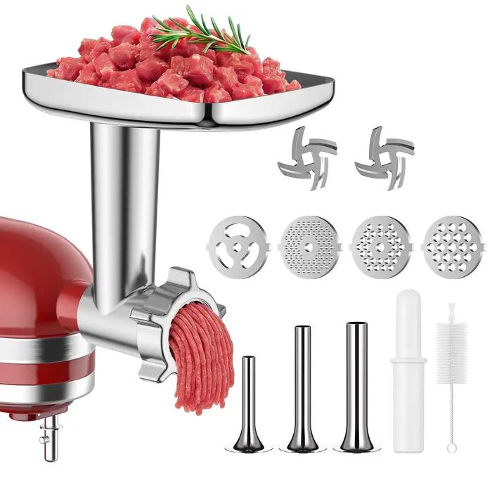 Accessoire de hachoir à viande en métal Gvode pour batteur sur socle KitchenAid avec 4 plaques de hachage, 3 tubes à saucisses et 2 lames