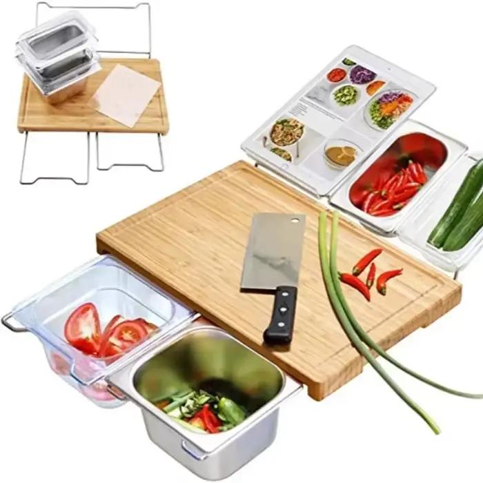 Ensemble de planches à découper en bambou extensibles, avec plateaux et boîte pour la cuisine, planche à découper pour jus, outils pour stocker des aliments hachés, 2025