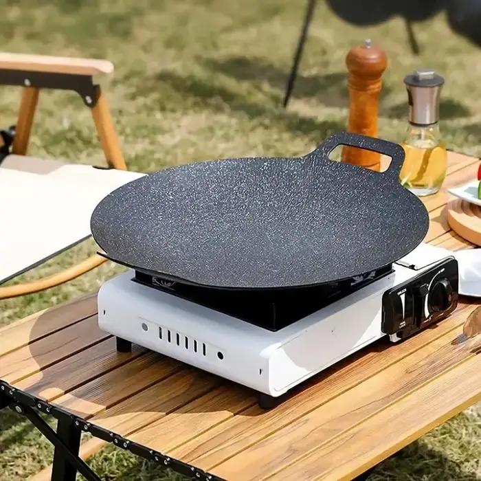Poêle ronde antiadhésive en alliage d'aluminium pour barbecue et crêpes, avec manches en acier inoxydable pour camping et randonnées
