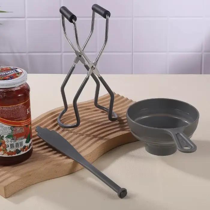 Kit d'outils de mise en conserve 3 pièces avec pince à bocaux anti-brûlure et entonnoir de qualité alimentaire pour la fabrication de confitures à la maison