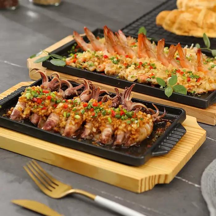 Plaque de cuisson Teppanyaki en fonte rectangulaire avec base en bois pour steak, poisson, barbecue, usage commercial et domestique