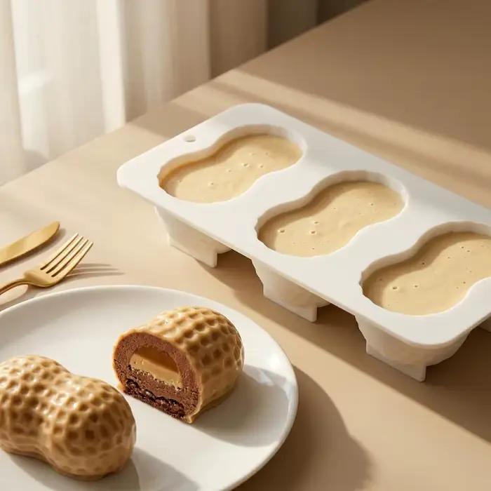 Moule en silicone multi-usage 3 cavités en forme d'arachide pour mousses, gâteaux et pâtisseries