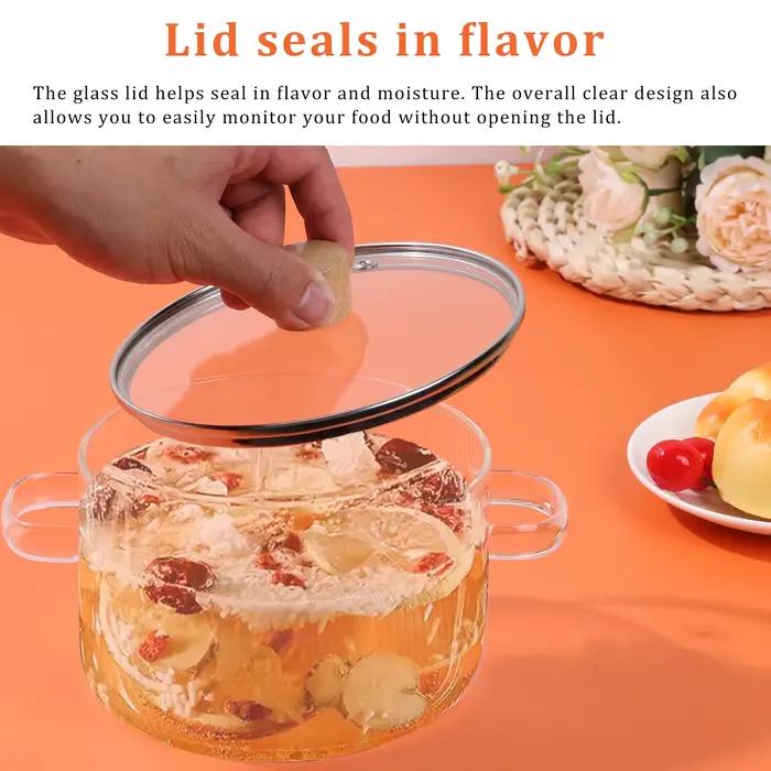 Casserole en verre transparente avec couvercle, 1,6 l, marmite à soupe en verre résistant à la chaleur, double poignées, outils de cuisine