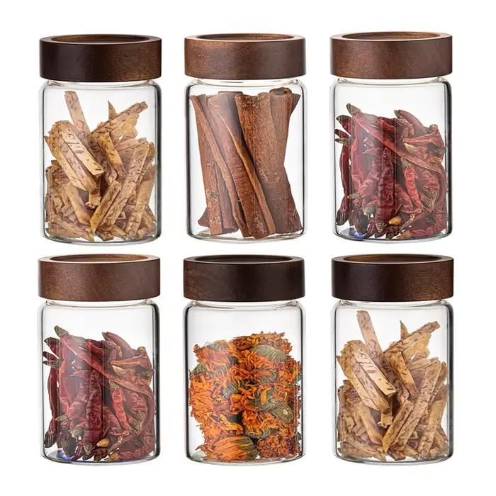 Bocaux de stockage des aliments en verre avec couvercles hermétiques en bois d'acacia à vis