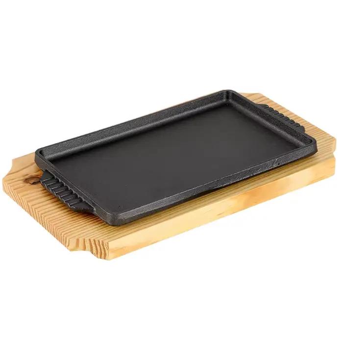 Plaque de cuisson Teppanyaki en fonte rectangulaire avec base en bois pour steak, poisson, barbecue, usage commercial et domestique