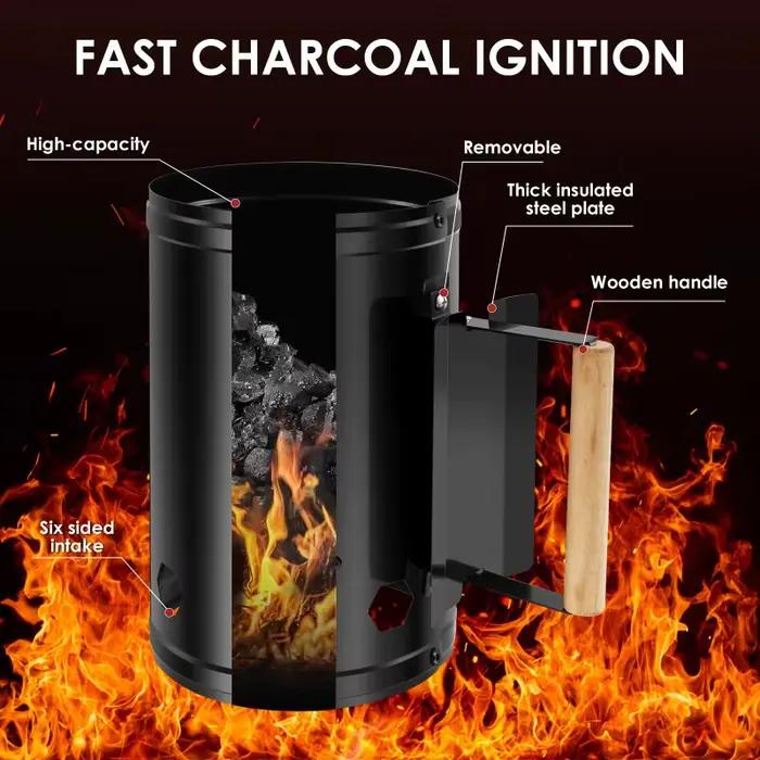 Allume-charbon rapide pour cheminée avec poignée en bois, allume-charbon pour briquettes de barbecue, accessoire de grillade