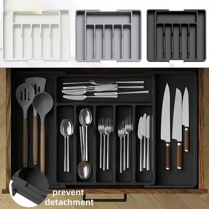 Organisateur de couverts réglable et amélioré – Organisateur de tiroir multifonctionnel en plastique pour ustensiles de comptoir de cuisine