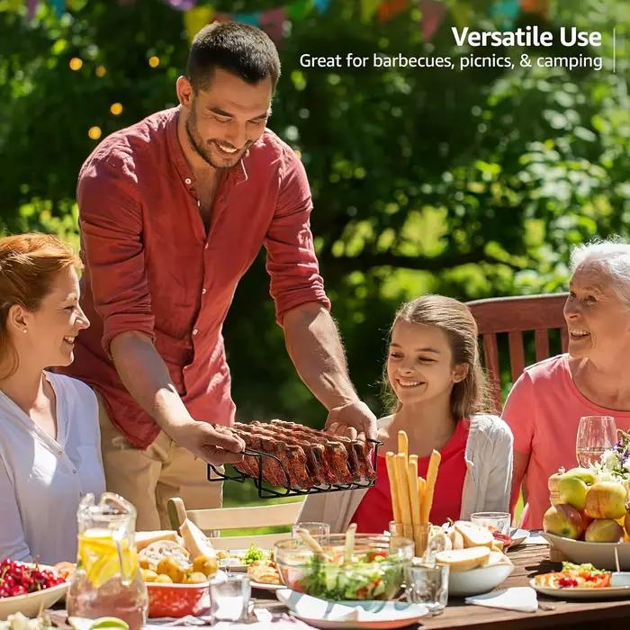 Support à côtes en acier inoxydable pour barbecue, outil de cuisson portable pour barbecue en plein air et fumeurs, peut contenir 4 grilles complètes de côtes.