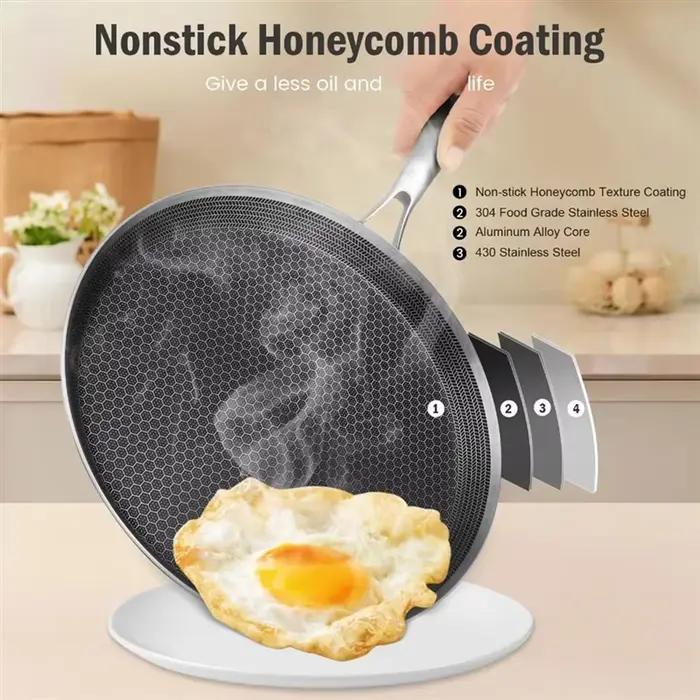 Poêle à crêpes en acier inoxydable 26Cm revêtement antiadhésif en nid d'abeille
