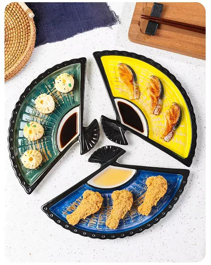 Assiette à boulettes avec plat à vinaigre, assiette de séparation créative en céramique, plateau à sushi japonais peint à la main en forme d'éventail