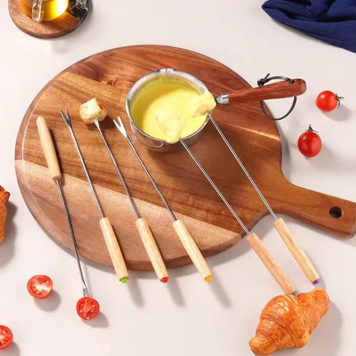 Lot de 6 fourchettes à fondue et à griller, muddler, fourchettes à fruits réutilisables, fourchettes à barbecue, pour trempage, en plastique/bois + acier inoxydable, pour cocktails