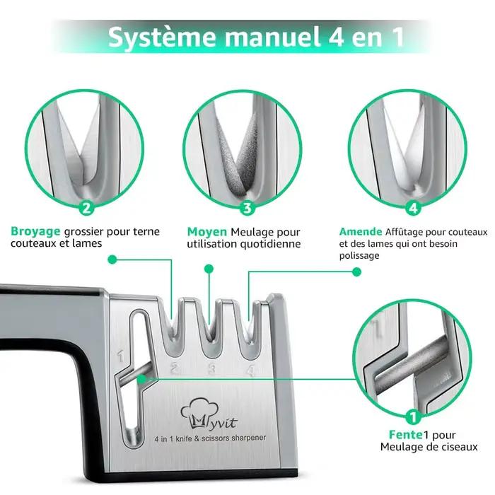 Aiguiseur à couteaux, 4 en 1, diamanté, avec tiges fines,, affûteur, lames en acier inoxydable