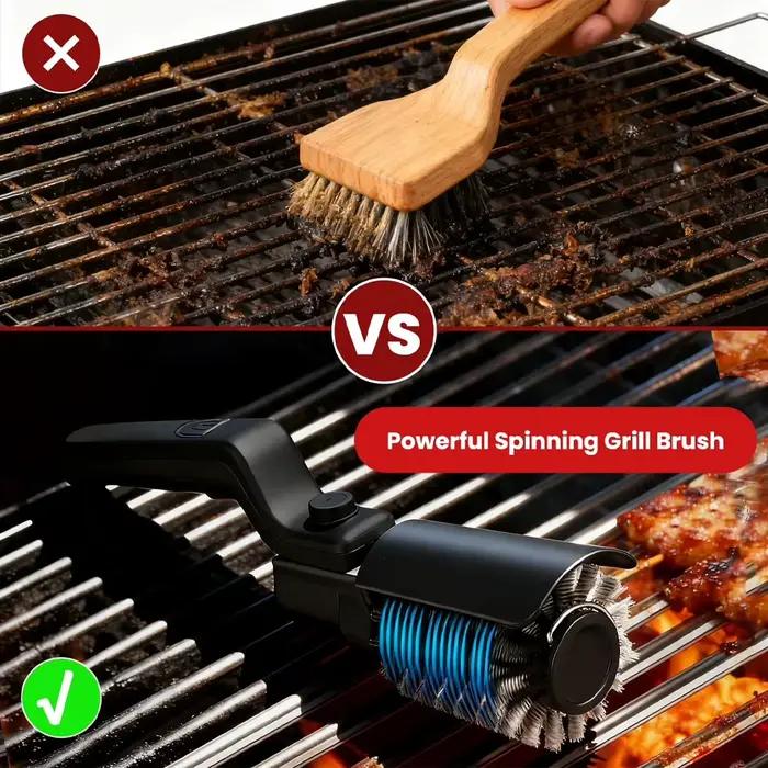 Brosse de barbecue rechargeable avec têtes de brosse rotatives pour nettoyage en profondeur, idéale pour grills en acier inoxydable, fonte ou fil métallique, camping et fêtes en plein air