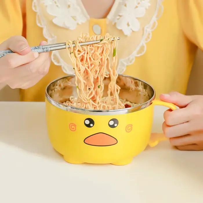Bol à nouilles Ramen en forme de canard Kawaii, avec couvercle, mignon, cuisine en acier inoxydable, salade instantanée de fruits, soupe de riz, bol Double couche, vaisselle