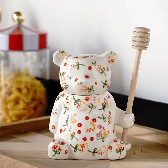 Pots à miel ours mignon en céramique pots de rangement pour nourriture décoration de la maison boîte de rangement thé cuillère à miel pour cuisine