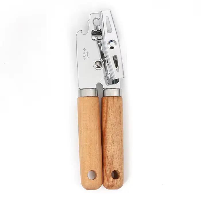 Ouvre-boîte manuel ergonomique professionnel en acier inoxydable, avec manche en bois, ouvre-bocal à coupe latérale, accessoires de cuisine