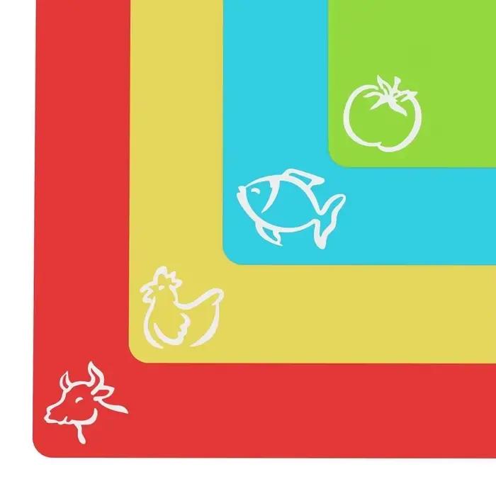 Tapis de découpe en plastique souple, tapis colorés avec icônes alimentaires, dos antidérapant, lot de 4 planches à découper pour viande et légumes