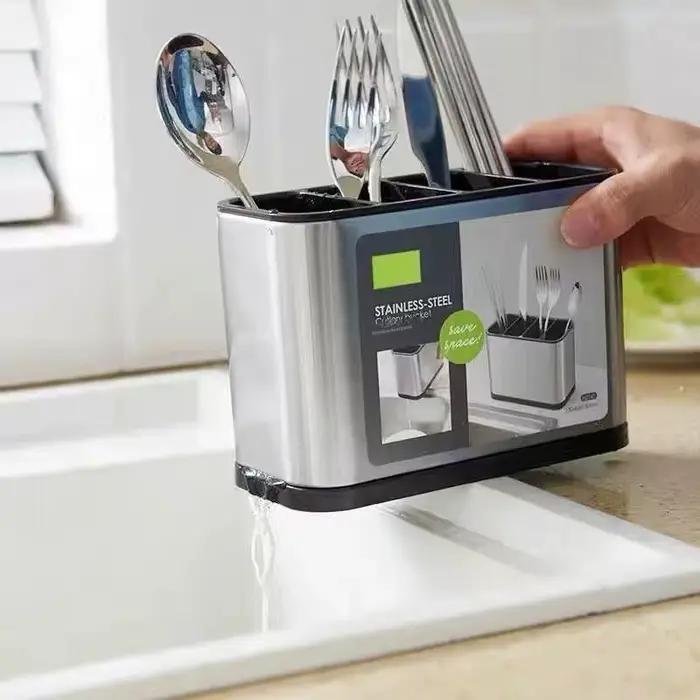 Support d'ustensiles de cuisine en acier inoxydable pour comptoir, grande capacité, multi-compartiments, organisateur d'outils de cuisine, spatule, cuillère, louche, couteau